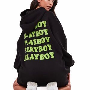 Playboy Black Oversized Hoodie with Green Logo